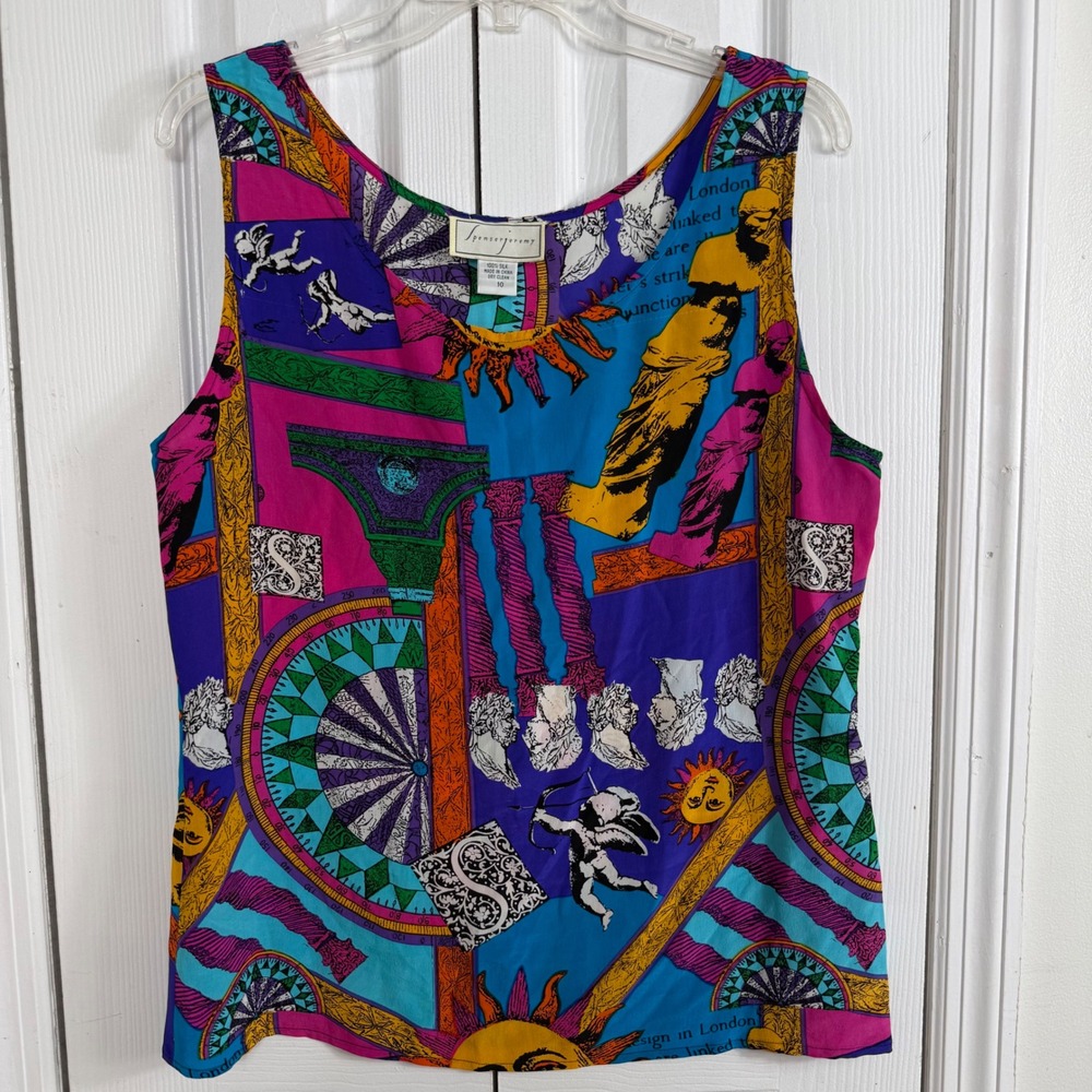 Spenser Jeremy Silk Tank Top 10 Multicolor Celestial Sun Cherub Vintage 90s Art